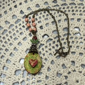 Vintage-Inspired wooden Heart Pendant & glass Necklace